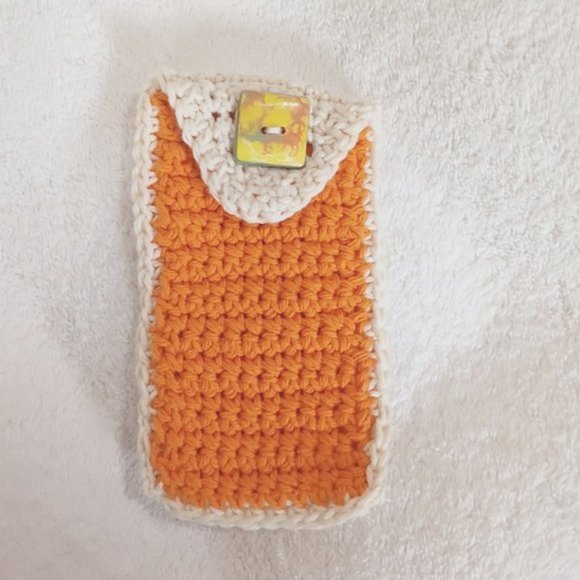 Hand Crafted Crochet Eye Glass Case Orange Hand Painted Resin Button Essential - Picture 1 of 5